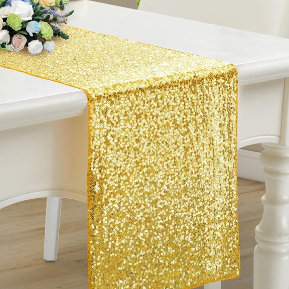 1 Pack Gold Sequin Table Runner 12 x 108 Inch, Rectangle Glitter Table Runner Dining Table Centerpiece Decorations for Weddings, Banquet, Holiday, Birthday Party