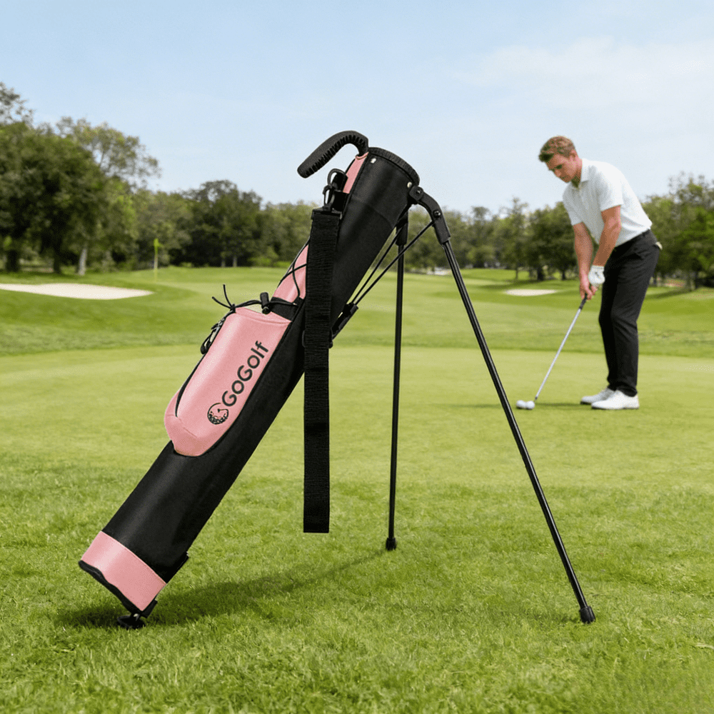 1 Pack Golf Carry Bag 2lb Dual Strap Handle Top 5x4 Divider 31In Height Pink Black Zip Pocket Bottle Holder Stand Legs Auto Fold Driving Practice Golfers Light Polyester Plastic With Shoulder Strap