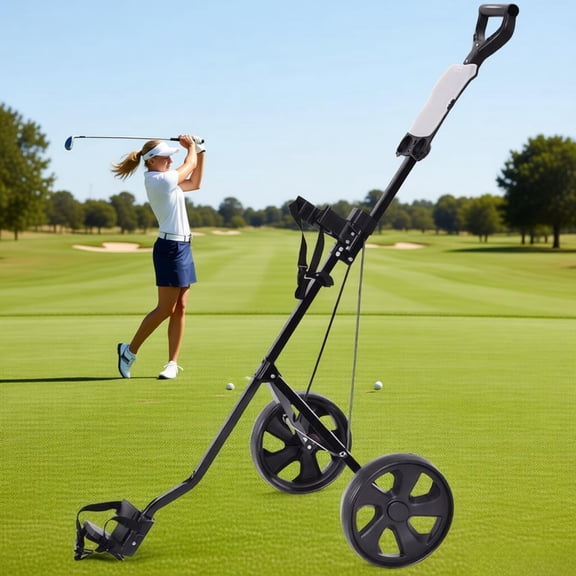 1 Pack Golf Push Cart Lightweight 6 Lbs Steel Frame 55 Inch Length 9.5 Inch Ball Bearing Wheels Foldable Design Scorecard Holder Golf Bag Trolley Walking Course Equipment Sport Outdoor Recreation