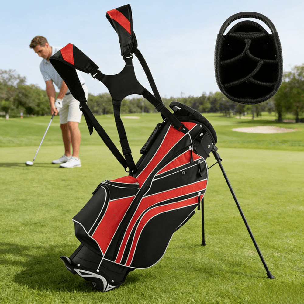 1 Pack Golf Stand Bag 6.0 Lbs Lightweight 6 Way Divider 32.5 Inch Length 8 Pockets Red Automatic Stand Water Resistant Polyester Portable Carry Strap Umbrella Holder Walking Course Travel Storage