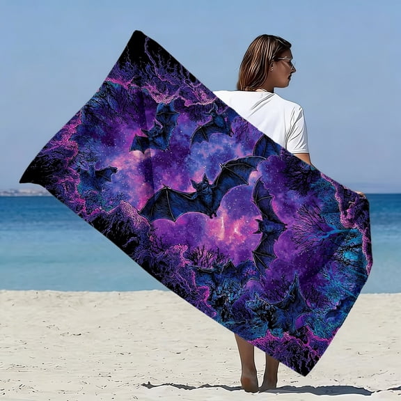 1-Pack, Gothic Bat and Purple Cloud Extra Large Towel - Quick-Drying Bath Towel for Beaches, Pools, Baths - Gothic Supernatural Printed Towel, Ideal for Halloween Gifts