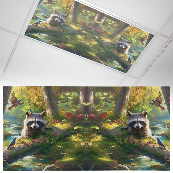1 Pack Green Forest Fluorescent Light Covers for Ceiling Lights Animal Raccoon Magnetic Ceiling Light Covers Overhead Light Filters for Office Classroom Home