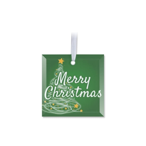 1 Pack - Green Merry Christmas Tree Tempered Glass Ornament - 3 Inch Square