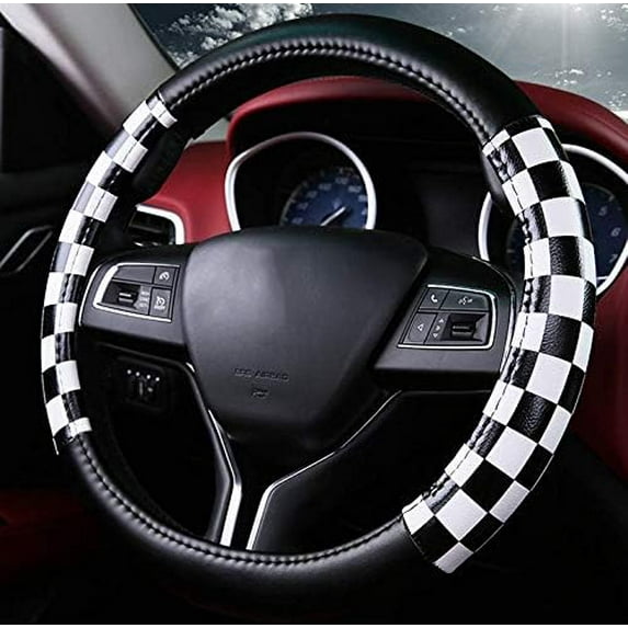 1 Pack Grid Style Microfiber Leather Auto Car Steering Wheel Cover Universal 15 Inch for Women Men, Black