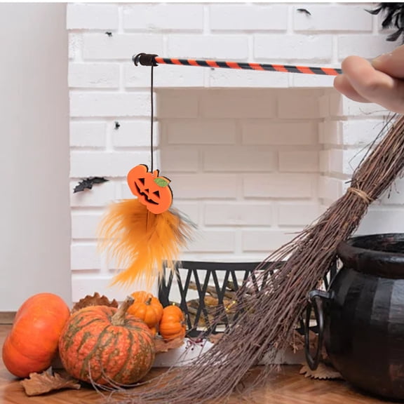 1 Pack Halloween Cat Wand Toys Interactive Cat Teaser Toy with Bells Feather Toy with Accessories Funny Cat Toys for Indoor Cats & Kitten