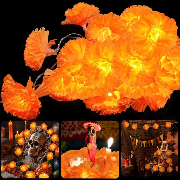 1 Pack Halloween Lighted Marigold Garland 10 LED Artificial Marigold Flowers String Lights Dia de Los Muertos Day of The Dead Decorations for Halloween Party(3, 5 Ft 10 LED)