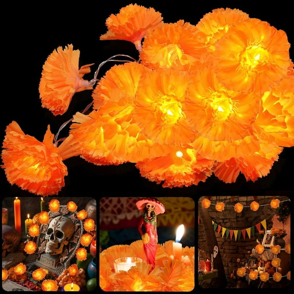 1 Pack Halloween Lighted Marigold Garland 20 LED Artificial Marigold Flowers String Lights Dia de Los Muertos Day of The Dead Decorations for Halloween Party(6.9 Ft 20 LED)