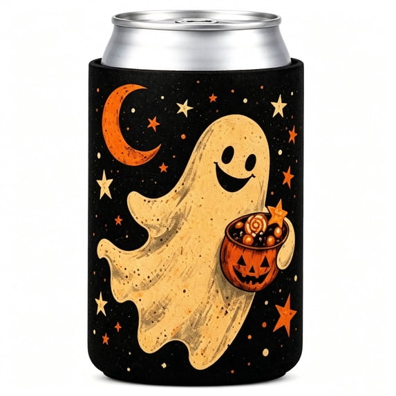 1 Pack Halloween Neoprene Can Cooler Sleeve,Reusable 12oz Standard Insulated Soda Can Covers,Candy Bucket Ghost Fall Decor Print Drink Cozy for Halloween Party Decorations Picnic Movie Night Supplies