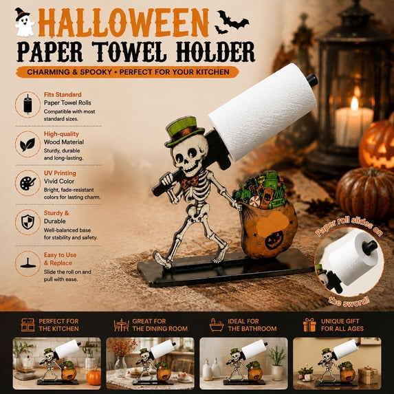 1 Pack, Halloween Paper Towel Holder 7 Inch Vintage Spooky Skeleton Decor for Kitchen Countertop Tiered Tray Fall Party Display
