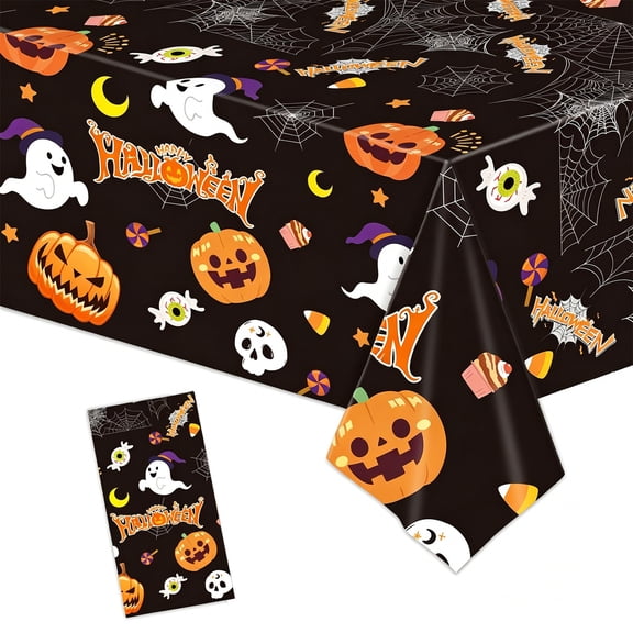 1 Pack Halloween Tablecloth, Disposable Plastic Table Cover, Pumpkin Spider Web Lovely Ghost Table Cloth for Halloween Decorations Birthday Party Home Dinner (54" x 108", Black)