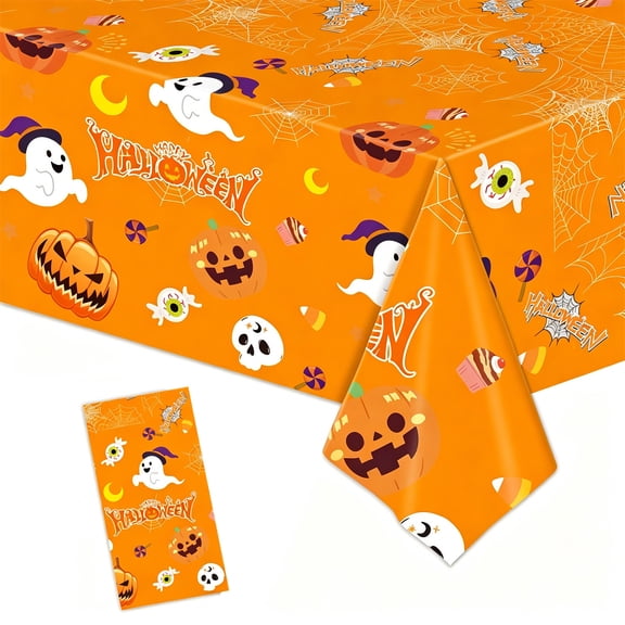 1 Pack Halloween Tablecloth, Disposable Plastic Table Cover, Pumpkin Spider Web Lovely Ghost Table Cloth for Halloween Decorations Birthday Party Home Dinner (54" x 108", Orange)