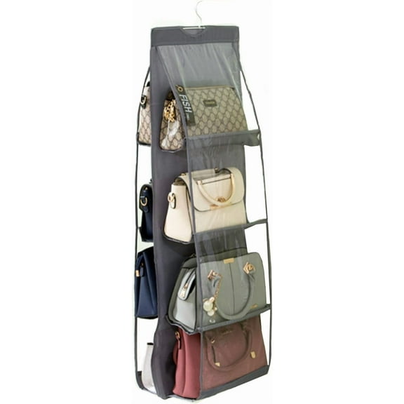 8 Pockets Clear Handbag & Purse Organizer Hanging Bag Storage - Space Saving Hanging Shelf for Closet, Wardrobe, Over Door (Grey)