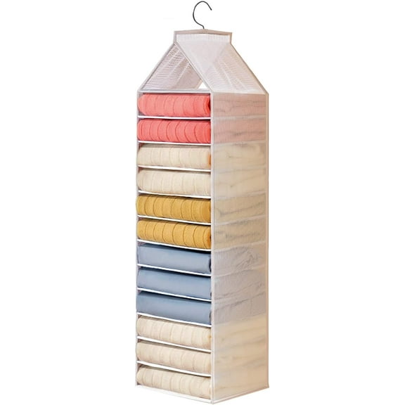 1 Pack Hanging Closet Organizer PVC Waterproof Wardrobe Clothes Organizer Dividers 12 Shelves Fabric Cabinet Pants Storage Box Foldable Drawers with Hook for Home Dorm Camping (White)