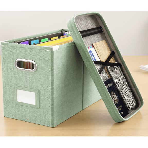 1 Pack Hanging File Box with Lid, Letter Size Document Storage Box with Pocket and Metal Handles, Stackable and Foldable, Green
