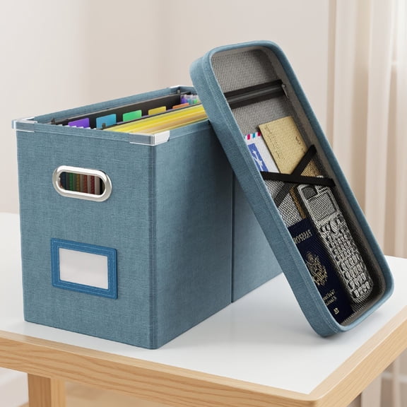 1 Pack Hanging File Box with Lid, Letter Size Document Storage Box with Pocket and Sliding Rail, Portable, Dark