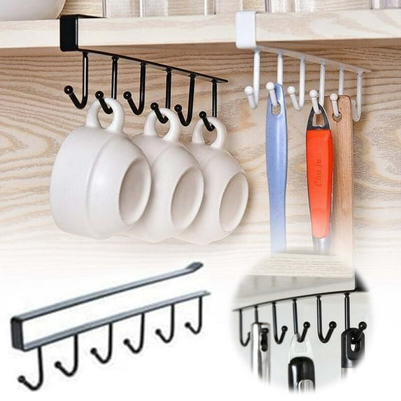 1 Pack Hanging Hooks Rack Under Cupboard Cabinet Cup Holder 6 Hooks Drilling Free Coffee Mug Holder Kitchen Utensil Storage Organizer Hook Rack (Black)