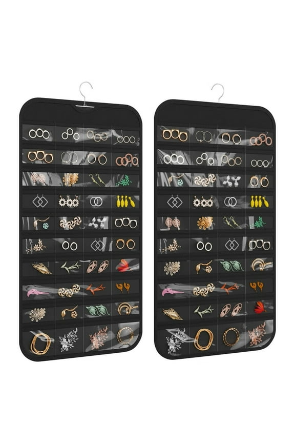 1-Pack Hanging Jewelry Organizer 80-Pocket Dual-sided Jewelry Storage for Jewelry Earring Necklace Bracelet Ring Storage Travel Holder,Black
