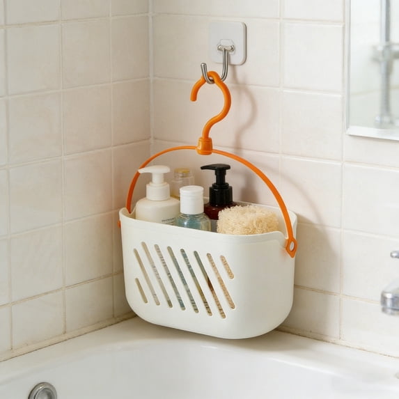 1 Pack Hanging Shower Caddy Organizer with Adjustable Hook, Space Saving Hanging Basket for Bathroom & Kitchen, Stores Shampoo, Loofahs, Towels and Pantry Supplies,Whtie