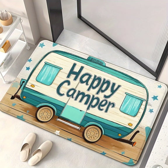 1-Pack Happy Camper Cartoon RV Camping Design Non-Slip Absorbent Washable Fiber Mat, suitable for entrances, bathrooms, bedrooms, living rooms, camping and picnics, bathroom mat.