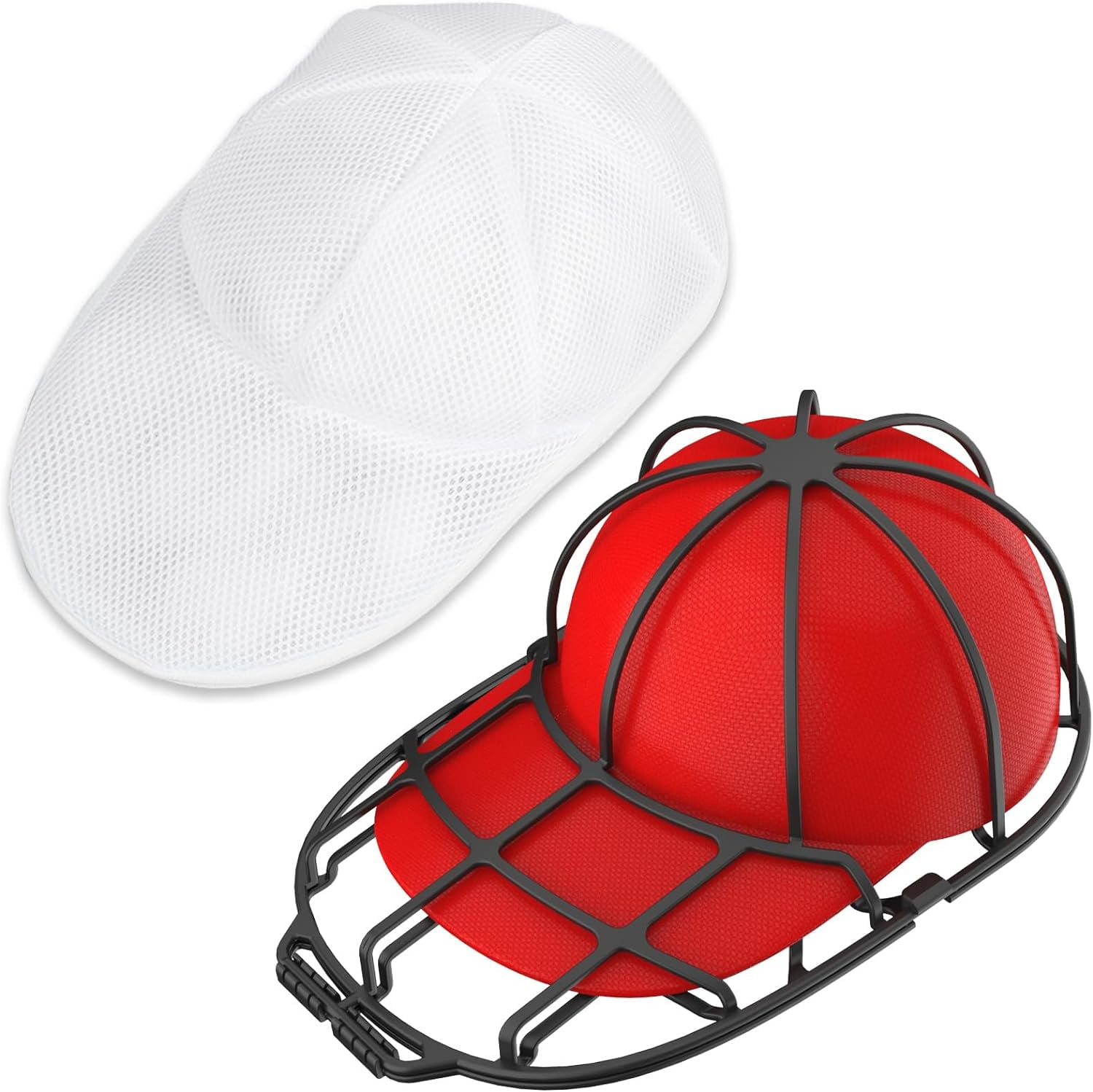 baseball cap inside out in mesh laundry bag with hat washing cage