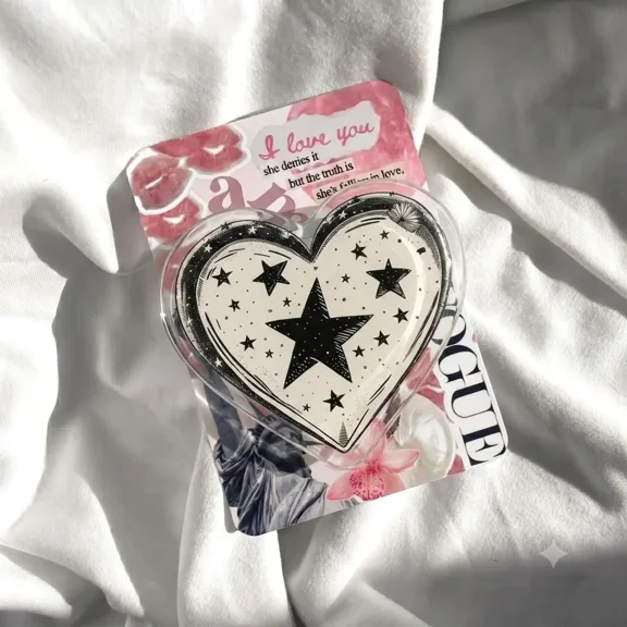 1 Pack Heart Star Phone Grip, Pastel Goth Heart Shaped Phone Stand, Cute Black Stars Phone Grip, Vintage Retro Magazine Collage Aesthetic Phone Holder Loop