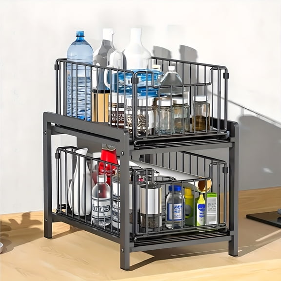 1-Pack Heavy-Duty Metal Pull-Out Organizer with Smooth Sliding Rails - Under-Sink/Countertop Storage Basket for Kitchen, Bathroom, Pantry, Office - Space-Saving Two-Tier Shelving Unit