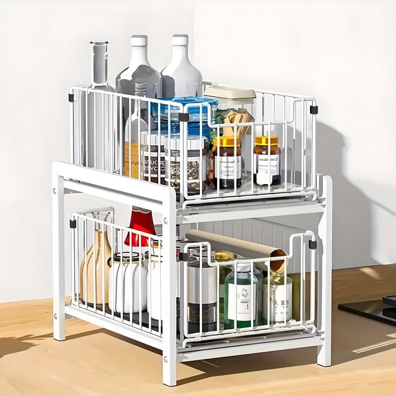 1-Pack Heavy-Duty Metal Pull-Out Organizer with Smooth Sliding Rails - Under-Sink/Countertop Storage Basket for Kitchen, Bathroom, Pantry,