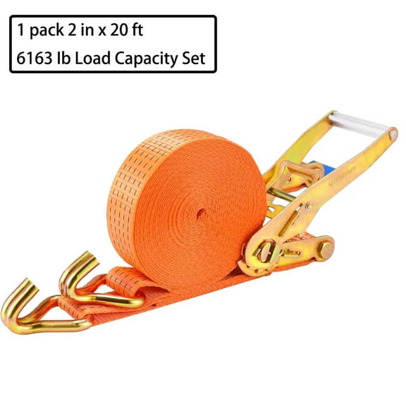 1 Pack Heavy Duty Ratchet Straps - 2 Inch x 20 Feet, 6163Lb Break Strength, J-Hook Cargo Tie-Downs for Trailers, Pickup Trucks & Flatbeds, Ideal for Moving & Transport