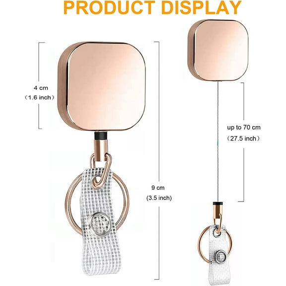 1 Pack Heavy Duty Retractable Badge Reel Metal ID Badge Holder Reel with Belt Clip Key Ring for Name Card Keychain-27.5" Reinforced Steel Wire Cord (S-1pack Rose Gold)