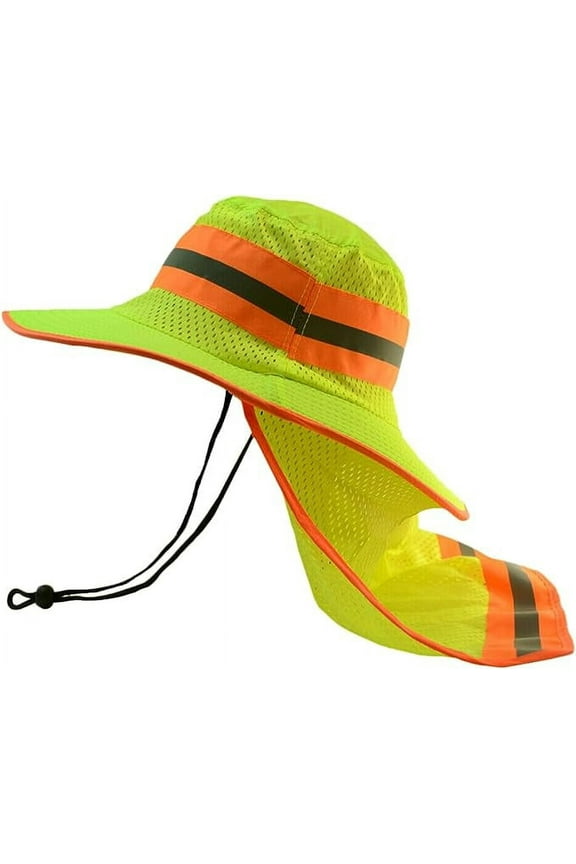 Glory Max Neon Green High Visibility Reflective Work Safety Bucket Hat Cap Mesh Neck Flap