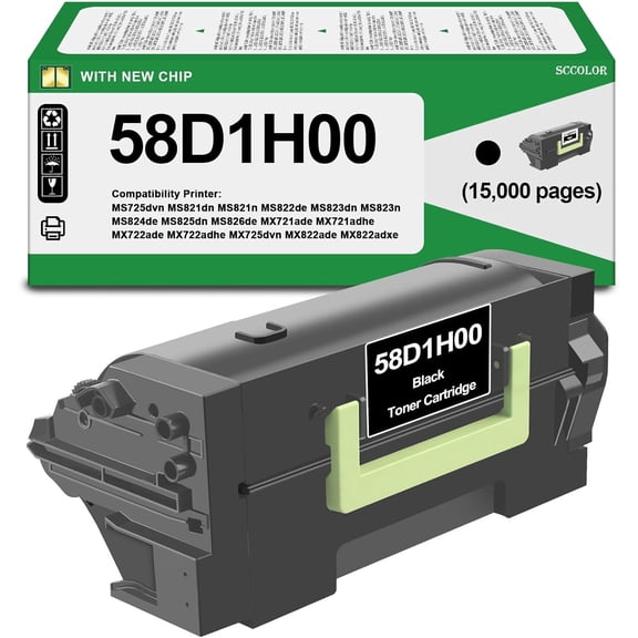 1 Pack High Yield 58D1H00 Black Toner Cartridge Compatible with Lexmark MS725 MS821 MS822 MS823 MS824 MS825 MS826 MX721 MX722 MX725 MX822 MX824 MX826 Monochrome Laser Printers