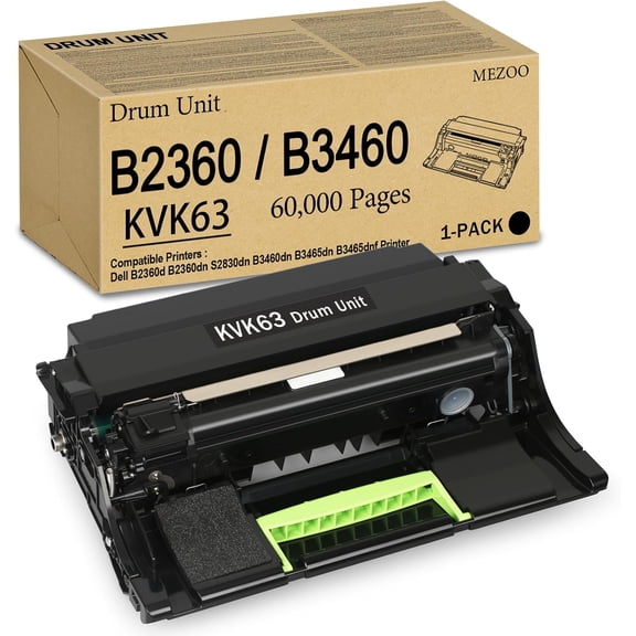1 Pack High Yield B2360 Imaging Drum Unit KVK63 331-9810 331-9811 Compatible with Dell B2360d B2360dn S2830dn B3460dn B3465dn B3465dnf Monochrome Laser Printers, Approx 60,000 Page Output