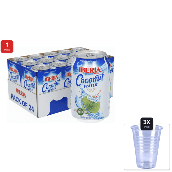 1 Pack | Iberia Coconut Water With Pulp, 10.5 Fl Oz (Pack Of 24) & 3x Disposable Cup