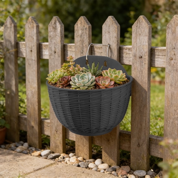 1 Pack Imitation Rattan Wall Hanging Planter, Hanging Planter Pot Half Round, Imitation Rattan Wall-Mounted Semicircular Flower Pot for Indoor Outdoor Balcony Fence (Black)