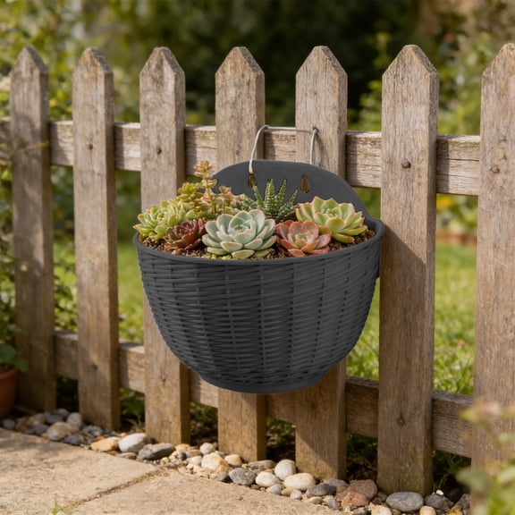 1 Pack Imitation Rattan Wall Hanging Planter, Hanging Planter Pot Half Round, Imitation Rattan Wall-Mounted Semicircular Flower Pot for Indoor Outdoor Balcony Fence (Black)