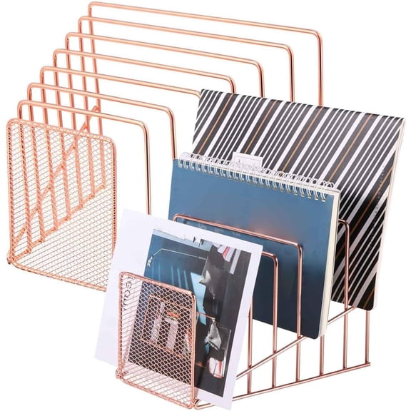 1 Pack Incline File Sorter, 7 Slot Magazine Holder for Letter, Document, Folder and Book, Metal Desktop Organizer Rack for Home, School and Office, Gold