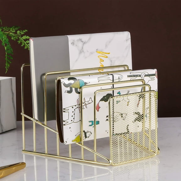 1 Pack Incline File Sorter, 7 Slot Magazine Holder for Letter, Document, Folder and Book, Metal Desktop Organizer Rack for Home, School and Office, Gold