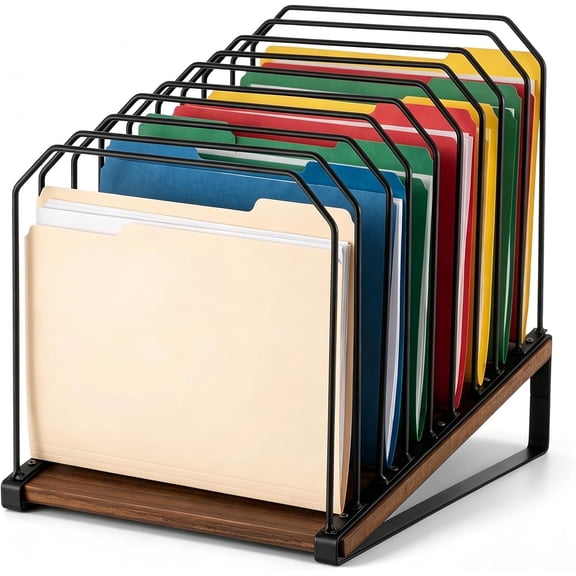 1 Pack Inclined Desk File Organizer 9 Section Metal Vertical Folder Holder with Wooden Base Desktop Mail Sorter Step Magazine Document Paper Binder for School Classroom Home Office