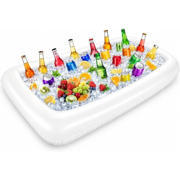 1 Pack Inflatable Serving Bar with Drain Plug, x 24 x 4.5 Inch Ice Buffet Cooler Tray for and Drinks, Large Salad Bar for Pool Party, BBQ, Graduation, Picnic and Camping, White
