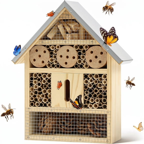 1 Pack Insect Hotel Mason Bee House, Wood Multi-Zone Pollinator Habitat, Butterfly & Ladybug House, 4.13x2.56x10.63 In