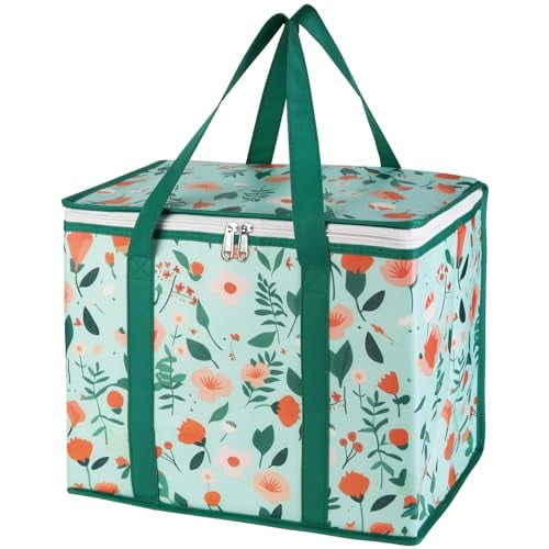 1-Pack Insulated Reusable Grocery Shopping Bags, X-Large Picnic Cooler Bag with Zipper/Zippered Top Cold, Insulated Food/Pizza Delivery Bag for Catering/Doordash/Uber Eats