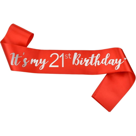 1 Pack It's My 21st Birthday Sash, Red Satin with Silver Foil Lettering & Heart