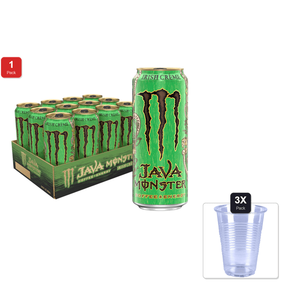 1 Pack | Java Monster Irish Crème, Coffee + Energy Drink, 15 Ounce & 3x 9oz Disposable Plastic Cups