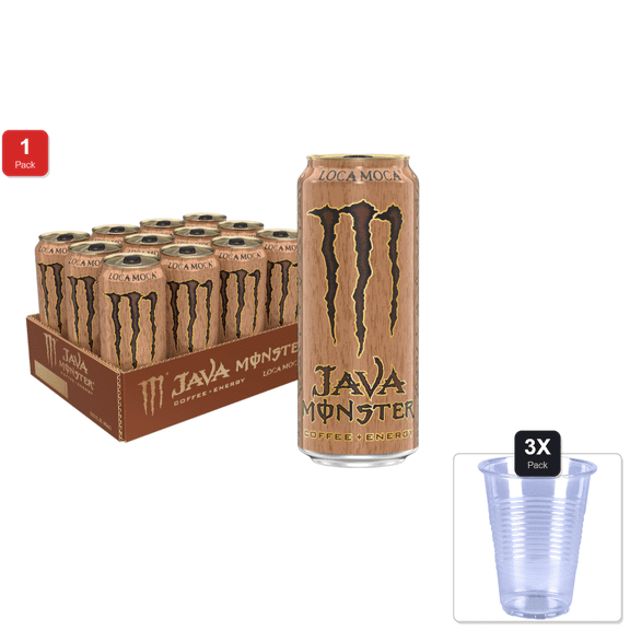1 Pack | Java Monster Loca Moca, Coffee + Energy Drink, 15 Ounce (Pack Of 12) & 3x 9oz Disposable Plastic Cups
