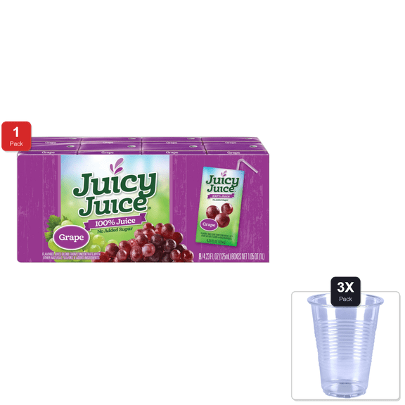1 Pack | Juicy Juice Grape Juice Single Serve Fun Box, 33.84 Fluid Ounce -- 5 Per Case. & 3x Disposable Cup