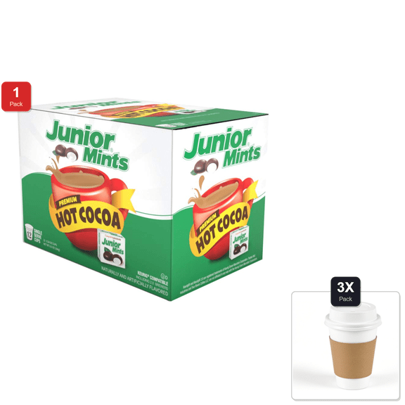 1 Pack | Junior Mints Hot Cocoa Pods, Chocolate Mint Flavor, Compatible With Keurig K-Cup Brewers, 12 Count - Refreshing Mint And Chocolate Delight & 3x 12oz Disposable Coffee Cup with Lid & Sleeve