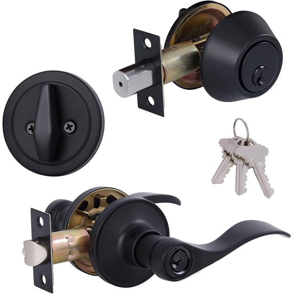 (1 Pack) Keyed Alike Front Door Lever Lockset with Single Cylinder Deadbolt Combination Set, Wave Style Lever, Front Door/Exterior Door Knob with Lock and Deadbolt, Classic Matte Black Finished