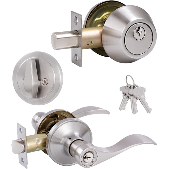 (1 Pack) Keyed Alike Front Door Lever Lockset with Single Cylinder Deadbolt Combination Set, Wave Style Lever, Front Door/Exterior Door Knob with Lock and Deadbolt, Satin Nickel Finished