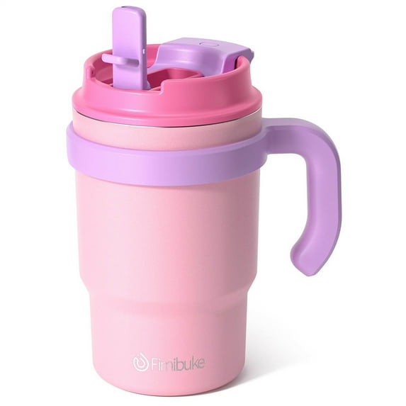 1 Pack Kids Insulated Tumbler with Straw & Handle, 16oz Stainless Steel Leak Proof Kid Drinking Cup Travel Mugs (Pink)