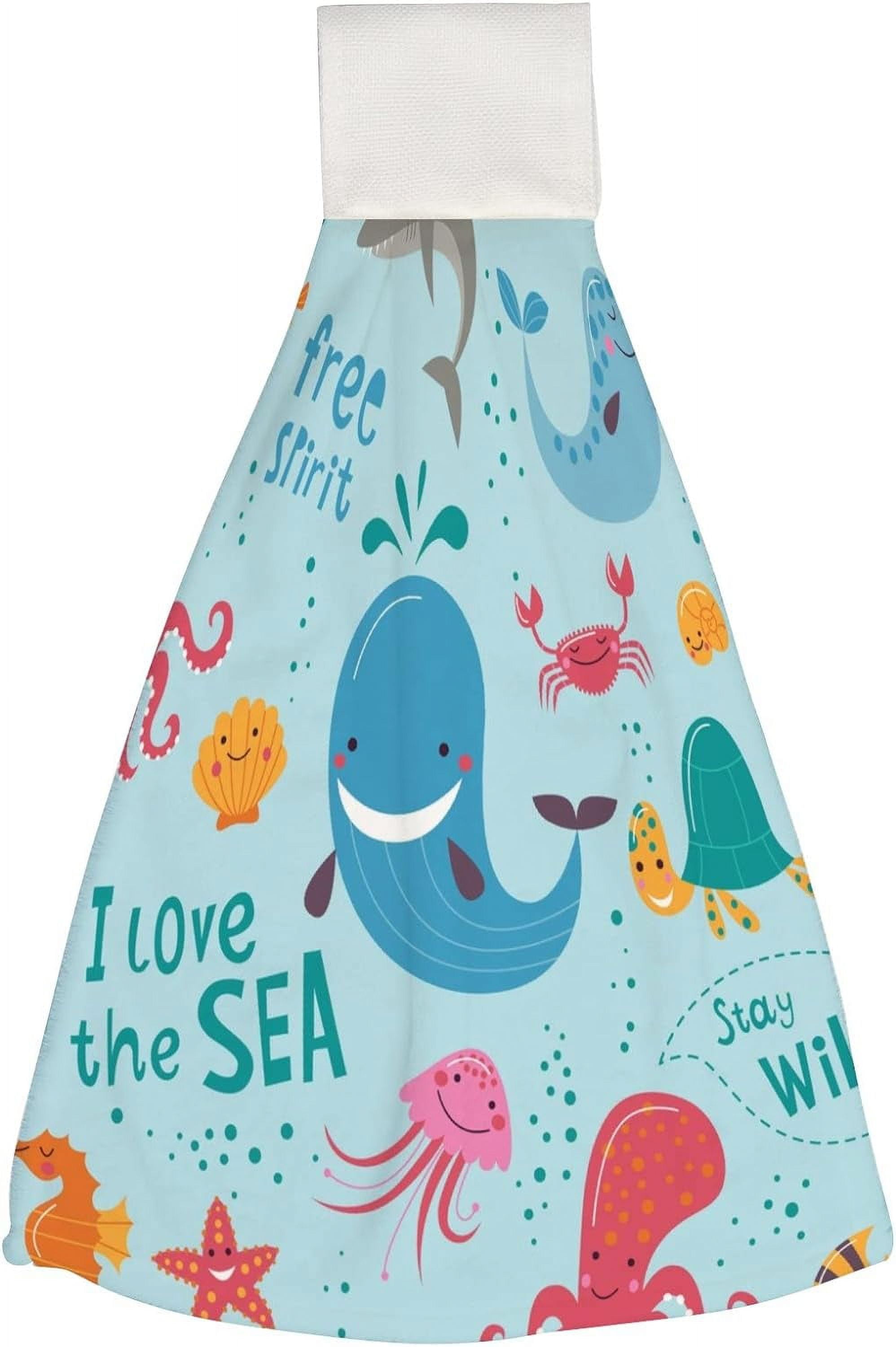 1 Pack Kitchen Hanging Towels, Sea Creatures Absorbent Hand Towels with Hanging Loop Washcloth